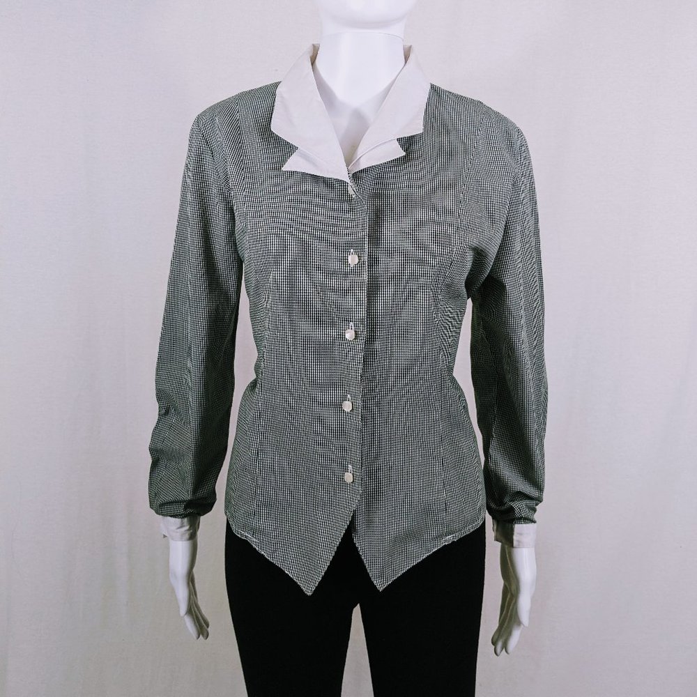 Vintage charcoal & white Micro-Check Button-Up Blouse with white collar & cuffs!